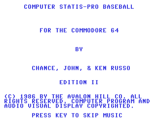 Computer Statis Pro Baseball title screen for Commodore 64